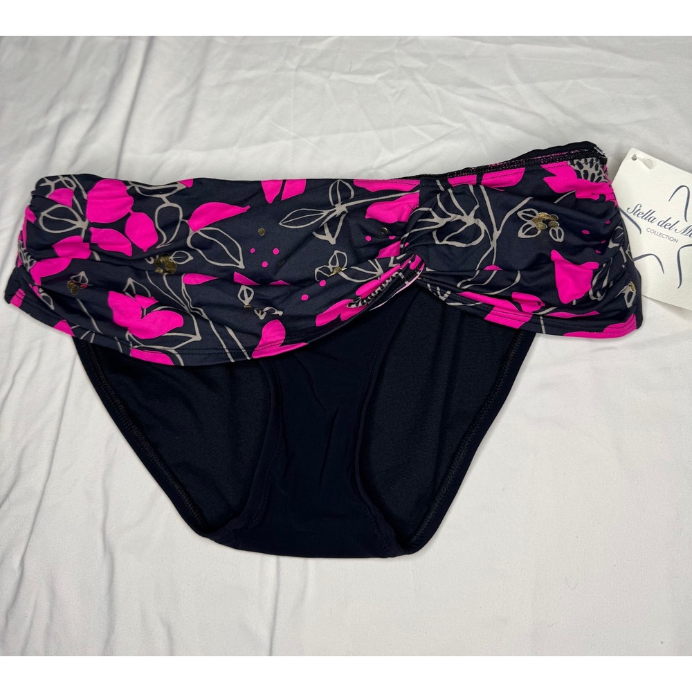 Stella del Mare Floral Ruched Bikini Bottom Black Pink Gold Size 10 NWT